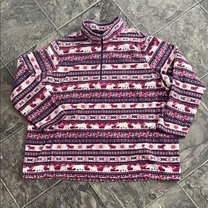 LANDS’ END Women’s Nordic Patterned 1/4 Zip Fleece Pullover Purple Pink Cream